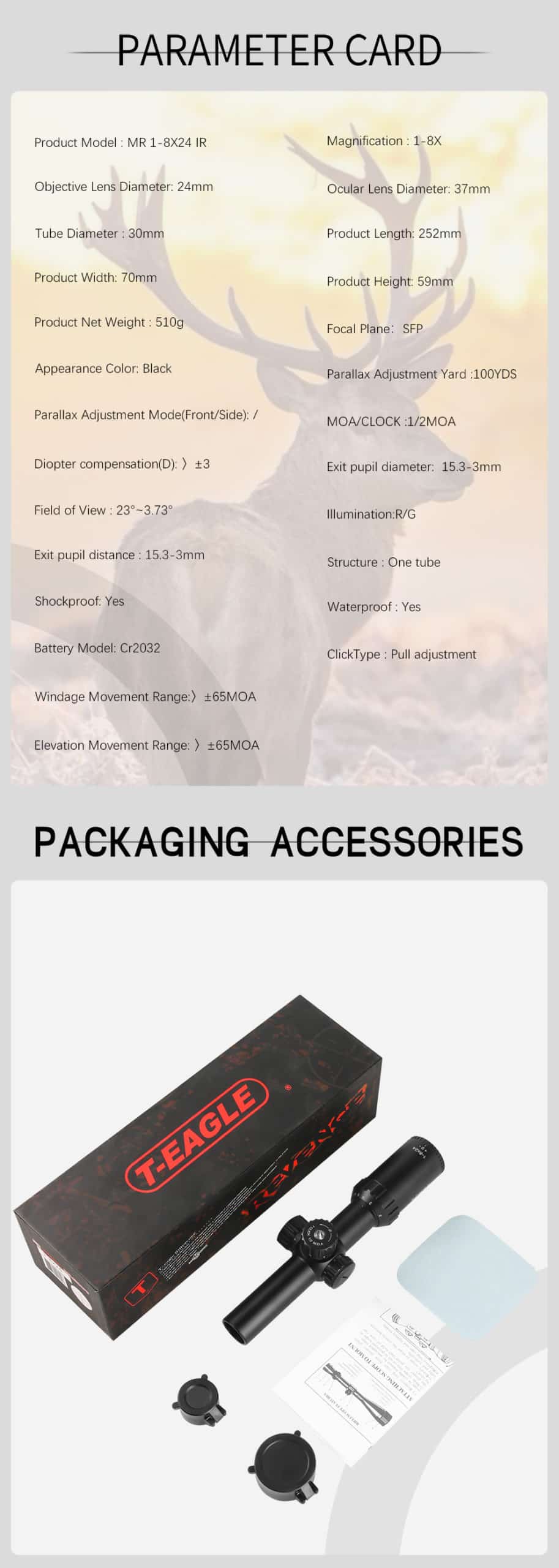 T-Eagle MR 1-8X24 IR-RU 1/2MOA Zielfernrohr, Jagdzielfernrohr – Bild 8